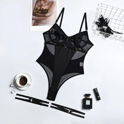 Sensual Lace Bodysuit Women Transparent Sexy Lingerie See Through Black Tights Fitness Sissy Crotchless  Body