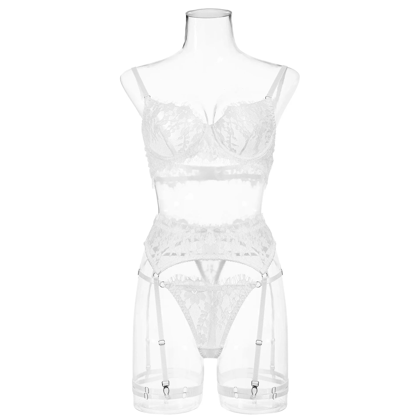 Feines Dessous-Set für Damen, Spitzen-Set, ausgefallene Unterwäsche, transparentes BH-Set für Damen, Blumen-Tanga, intimes Strumpfgürtel-Set