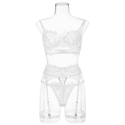 Feines Dessous-Set für Damen, Spitzen-Set, ausgefallene Unterwäsche, transparentes BH-Set für Damen, Blumen-Tanga, intimes Strumpfgürtel-Set