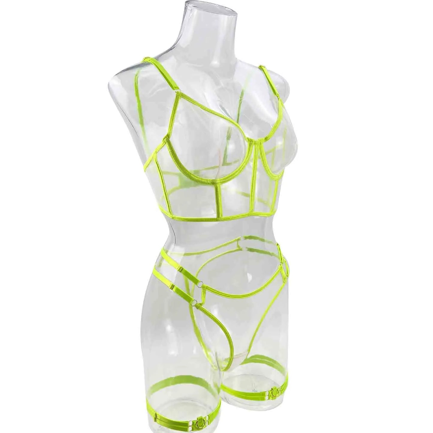 Neon Sexy Unterwäsche Frauen Körper Weibliche Dessous Sexy Kostüm Transparent BH Outfit 4-teilige Spitze Intim