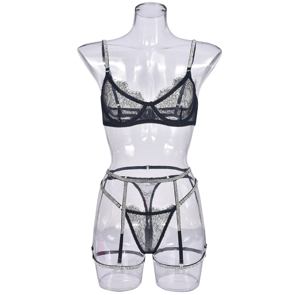 Conjunto de sujetador sin costuras de encaje transparente, lencería con diamantes de imitación, ropa interior Push Up Sissy, conjuntos de lujo íntimos transparentes