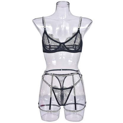 Strass Dessous schiere Spitze nahtlose BH Kit Push Up Sissy Unterwäsche transparente intime Luxus-Sets