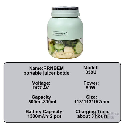 RRNBEM Portable Juicer Bottle 800ML Milkshake Mixer Juice Maker Wireless Rechargeable For Home Office Kitchen 2600mAh Battery