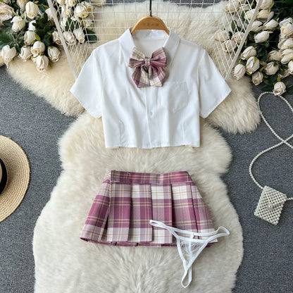 Cosplay   Outfit Women Lapel Neck Short Shirt+Plaid Mini Skirt+Thongs  2023 Preppy Style Sexy Nightwear Wanita