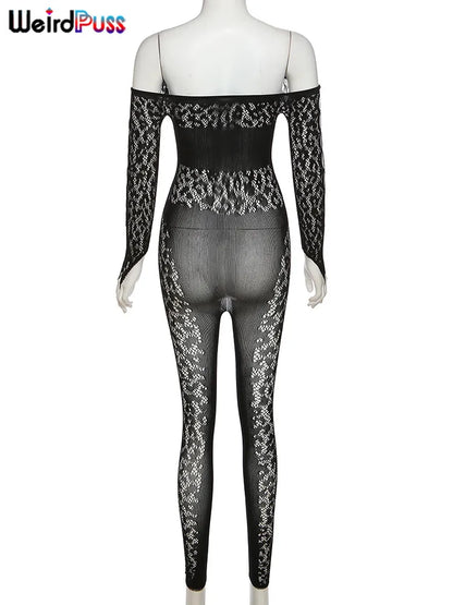 Weird Puss Sexy See Through Jumpsuits Hollow Thin Long Sleeve Fashion Chic Rhinestones Elastic Skinny Workout Midnight Clubwear