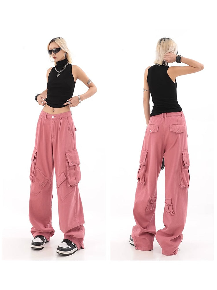 Pantalones Cargo rosas, ropa estilo informal, pantalones vaqueros rectos de cintura alta, moda Harajuku para mujer, pantalones vaqueros holgados de pierna ancha Y2K