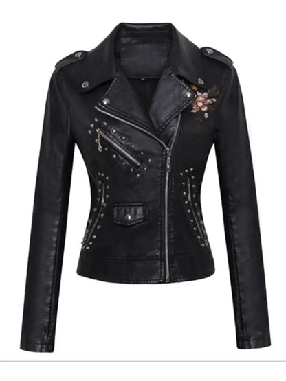 Women Patchwork Leather Jackets Flower Embroidery Rivets Short Section Pu Leather Small Jackets Casual Motorcycle Coats