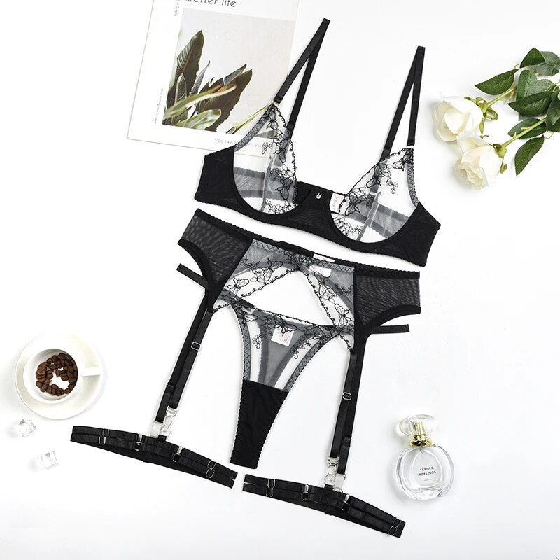 Kit de sujetador transparente Floral, lencería Sensual, liguero push-up, ropa interior de encaje transparente sin costuras, sin censura