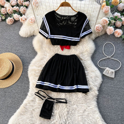 Preppy Style Cosplay Sheer Nightsuits Female Bow Sweet Short Top+Mini Skirt+Thongs 2023 Transparent   Outfit Wanita