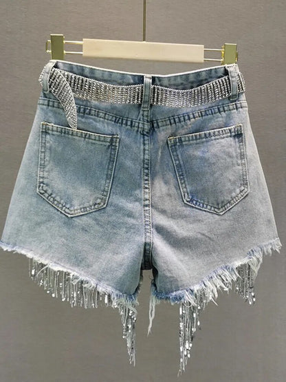 Sommer Elegante Shorts Dame Quaste Perlen Hohe Taille Breite Bein Denim Shorts Weibliche Casual Solide Shorts Jeans für Frauen Kleidung