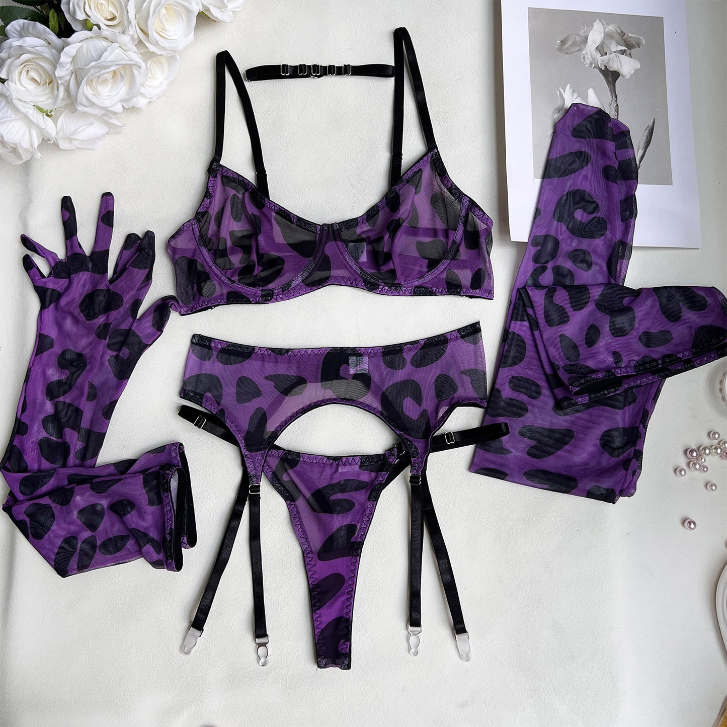 Leopard Lingerie With Stocking Gloves Fancy Seamless Underwear 6-Piece Garter Belt Set Intim Goods Lace  Sets