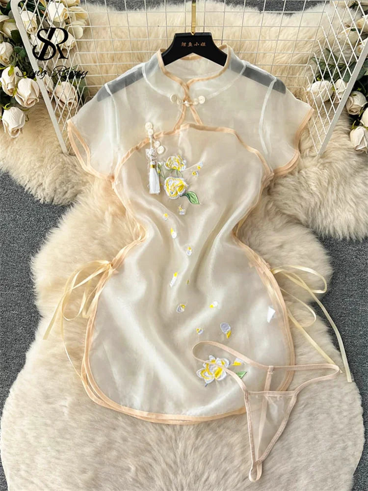 Transparent Mesh Sexy Nightdress Women Cheongsam Vintage Embroidery Sexy Dress+Thongs Sheer   Night Dress Wanita