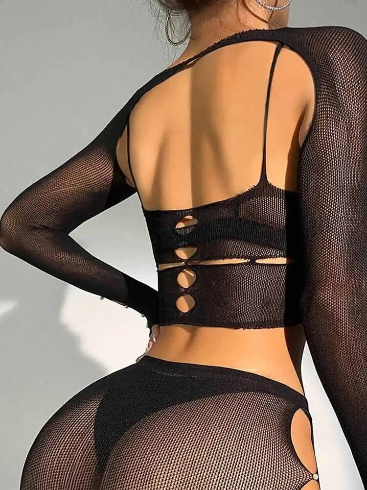 Knit Matching Sets Women Long Sleeve Crop Top Skirt Set See Through Club Party Suits Cut Out Two Pieces Sets Sexy Outfits Black