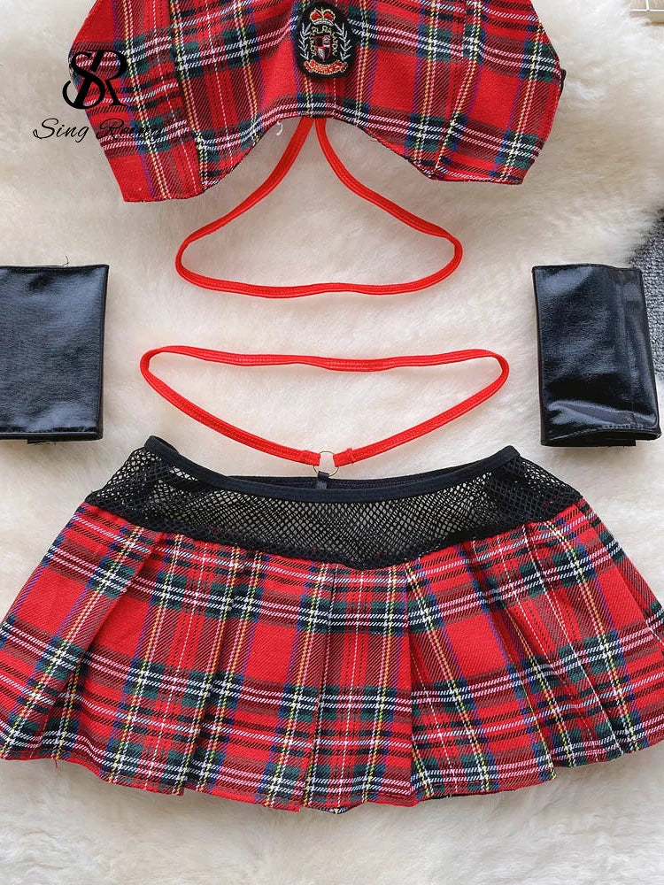 Plaid   Nightwear Two Pieces Set Women Backless Mini Camis+ Short Skirt Preppy Cosplay Sexy Underwear Suits Wanita