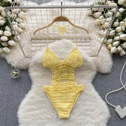 Hollow Out Backless Sexy Bodysuits Fashion Ladies Halter Beach Knitted Top 2023 Sheer Lace Up Vacation Slim Playsuits Wanita