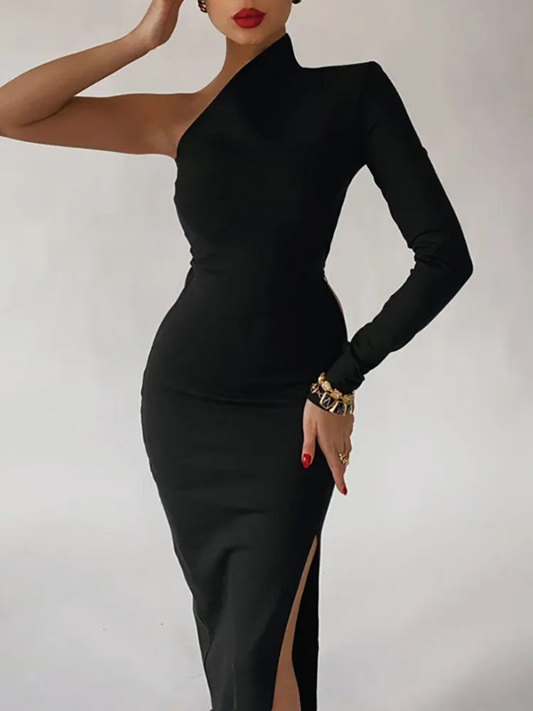 Lange Elegante Kleider für Frauen Sommer Eine Schulter Maxi Kleid Bodycon Sexy Schwarz Schlitz Fomal Hochzeit Abend Party Kleid 2022