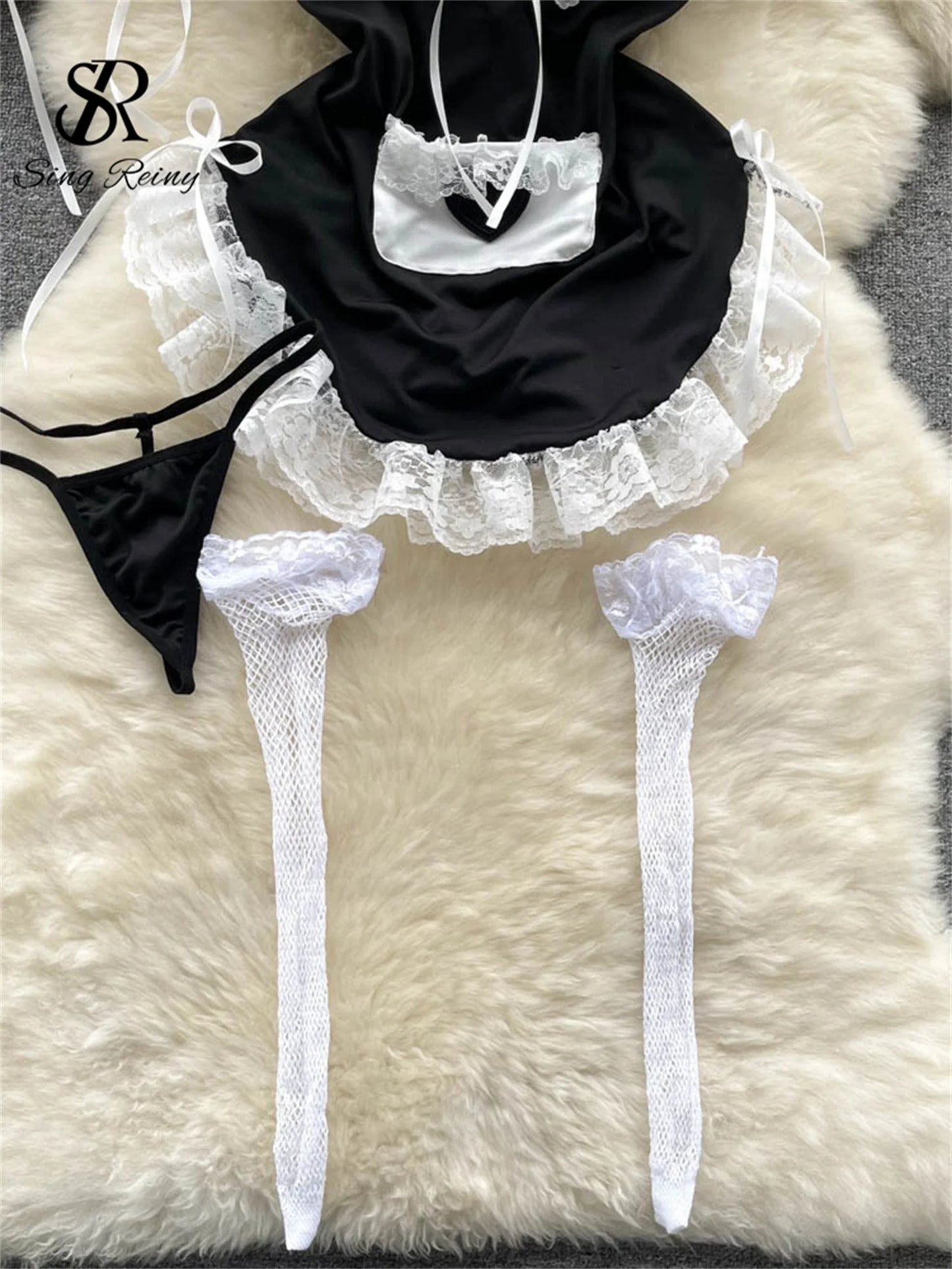 Maidservant Cosplay Lace Nightwear Suits Women Rufflest  Mini Dress+Thongs 2023 Japan Style  Sexy Nightdress Wanita