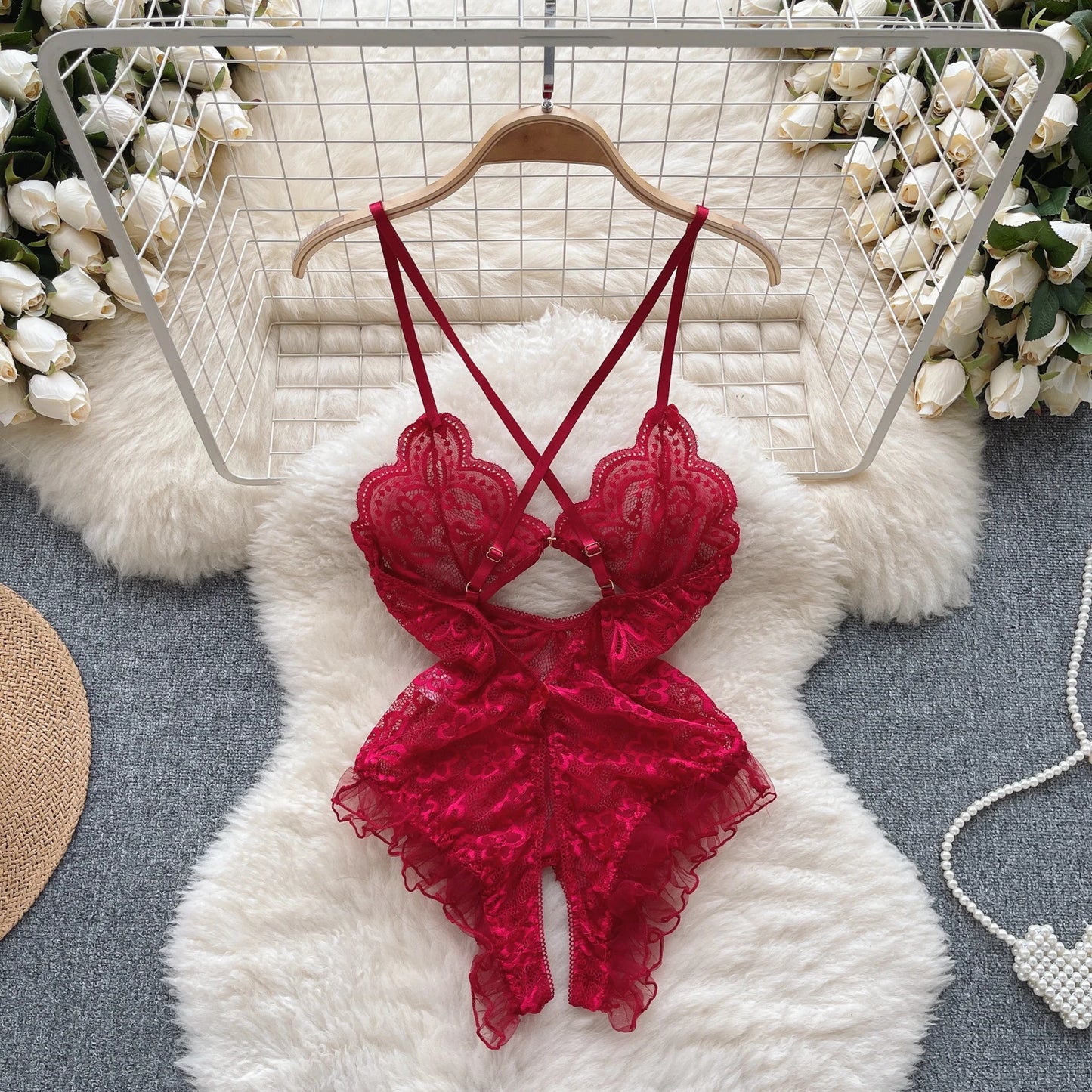 Floral Lace Sheer Sexy Bodysuits Ladies Strap Ruffles Sweet Slim  Nightwear 2023 Mesh Open Crotch  Playsuits Wanita