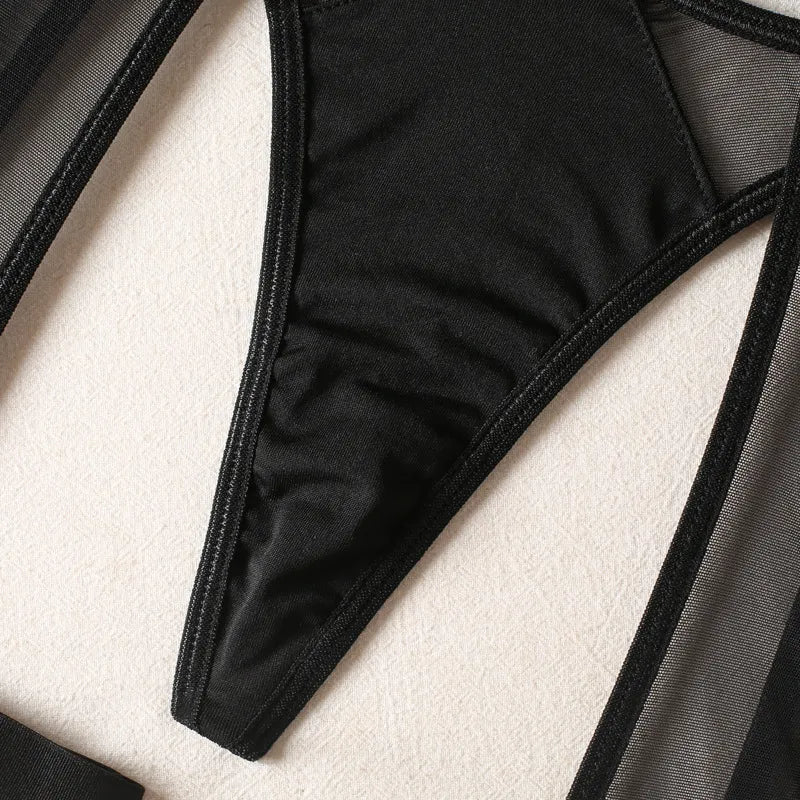 Conjunto de lencería Sexy para mujer, chaleco de 3 piezas, Top, ropa interior sin costuras, conjunto de liguero, Tanga, conjuntos íntimos negros