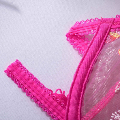 Ausgefallene rosa Dessous mit Blumenstickerei, sexy Tangas, Strumpfhalter-BH-Anzug, 3-teilig, zarte Luxus-Spitze, schöne Unterwäsche