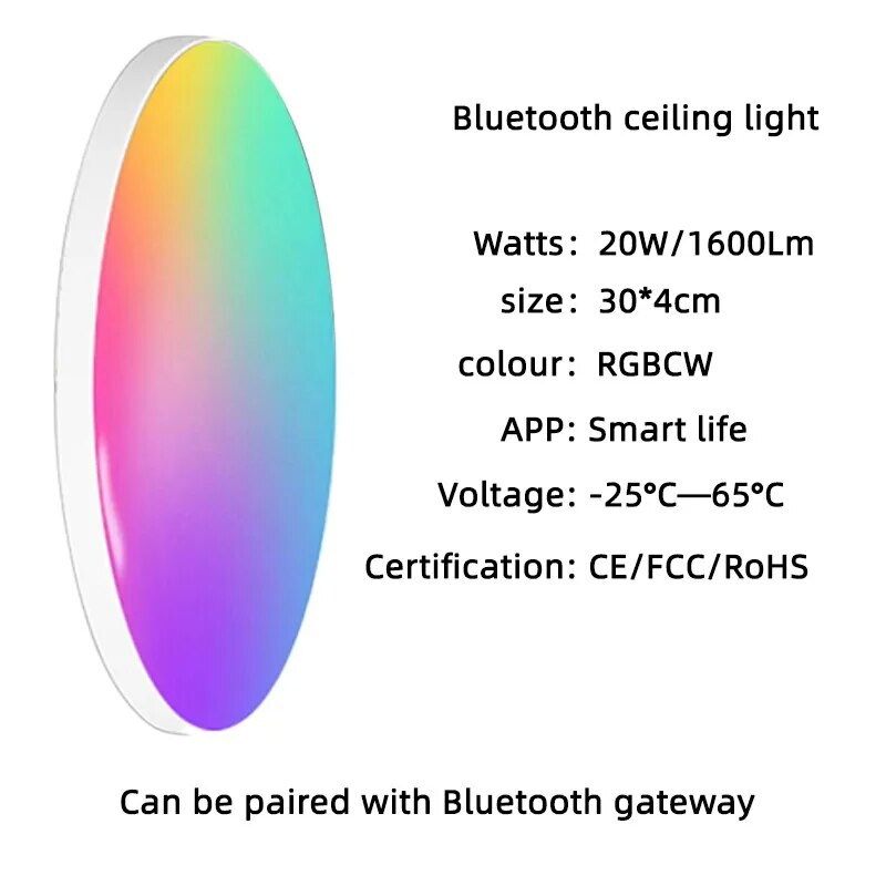 Luz LED de techo redonda inteligente con Bluetooth, luces de habitación regulables con cambio de colores, RGB, CW, WW, Control por aplicación remota, Tuya