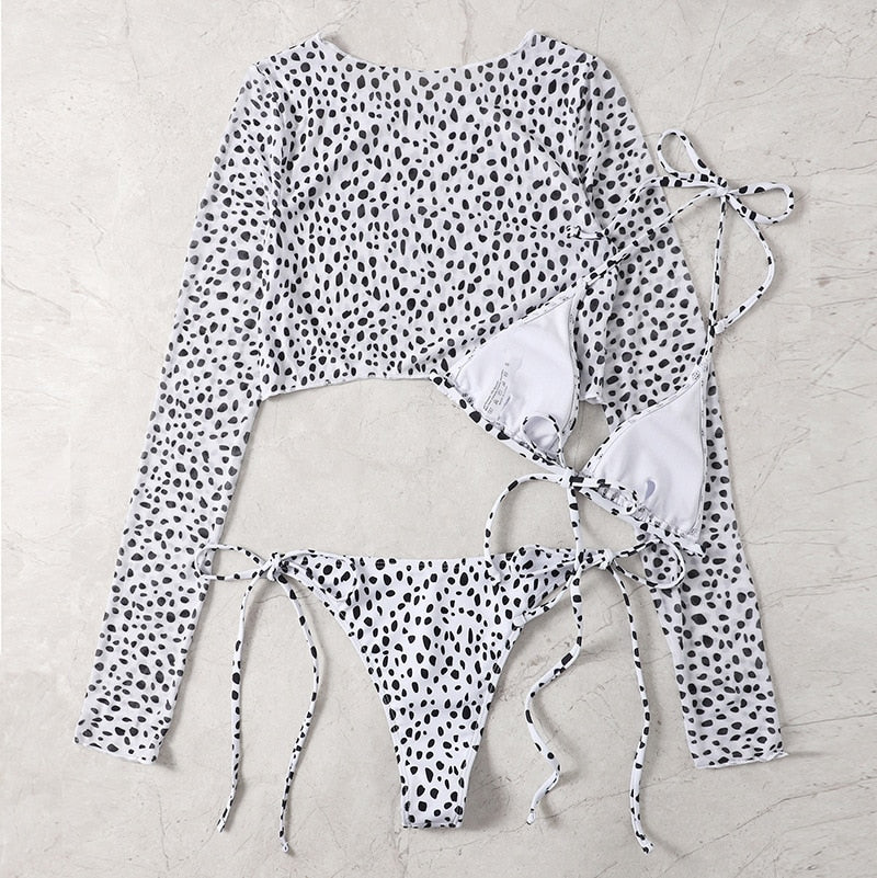 Traje de baño de leopardo para mujer de 3 artículos, microbikini con cuello Halter, traje de baño con estampado por separado, ropa de playa brasileña de cintura baja