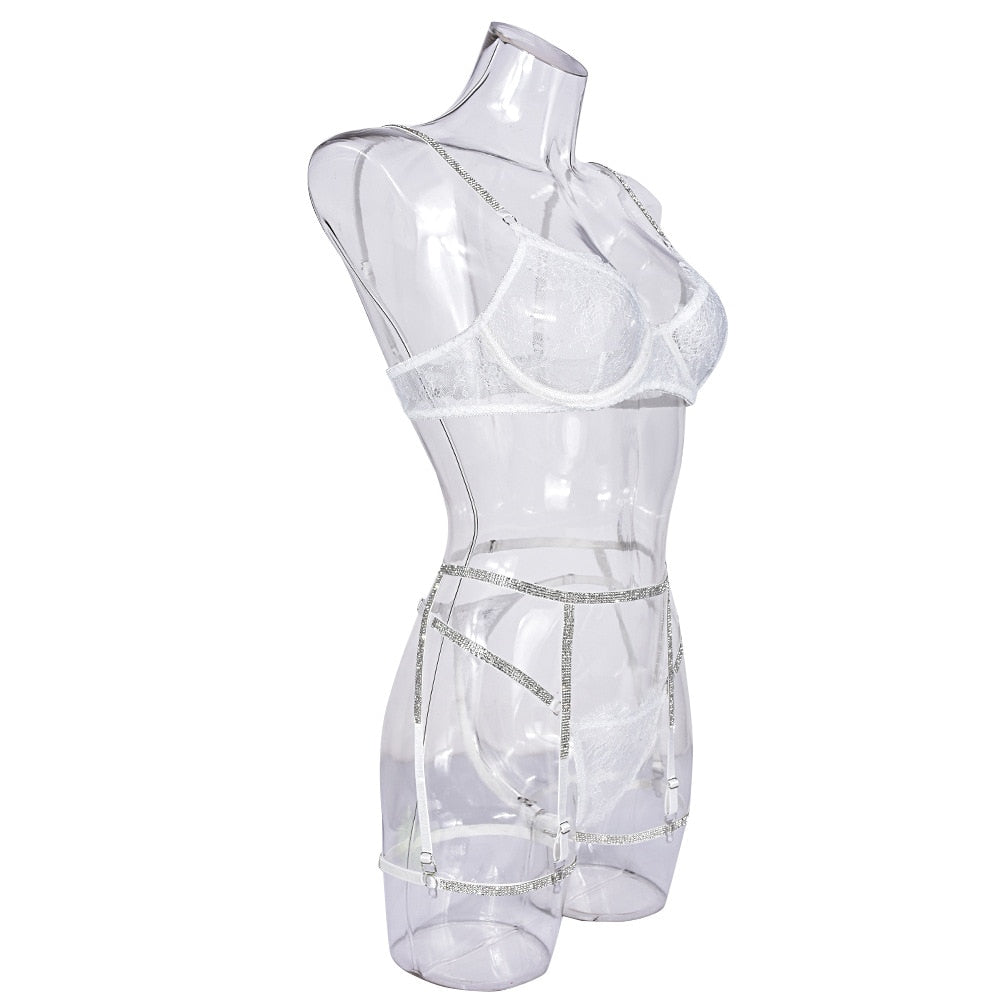 Conjunto de sujetador sin costuras de encaje transparente, lencería con diamantes de imitación, ropa interior Push Up Sissy, conjuntos de lujo íntimos transparentes