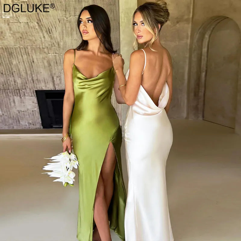 Spaghetti Strap White Long Satin Dress Elegant Party Dress For Women 2023 Summer High Slit Backless Formal Occasion Dresses Maxi