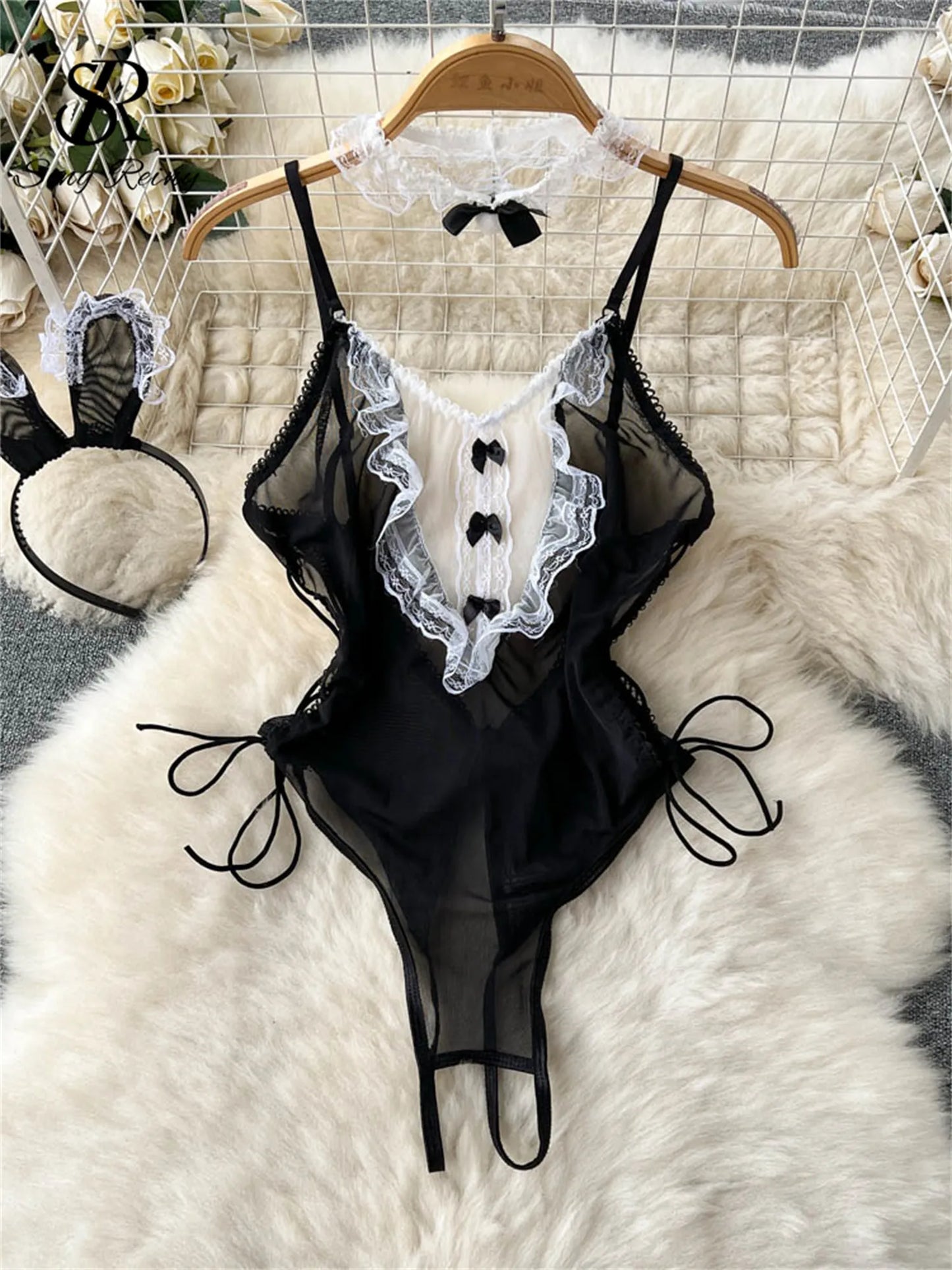 Cosplay Rabbit Maid Sexy Bodysuits Ladies Transparent Mesh Splice Lace Slim Nightwear 2023 Open Crotch Sexy Jumpsuit Wanita