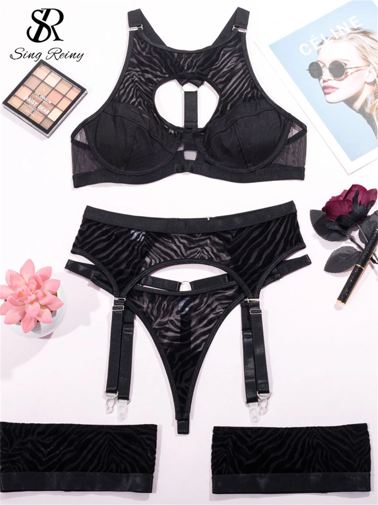 Sheer Hollow Out Bra&Briefs Outfit Transparent Sexy Lingerie Suits 2023 Women Print Mesh   Underwear Sets Wanita