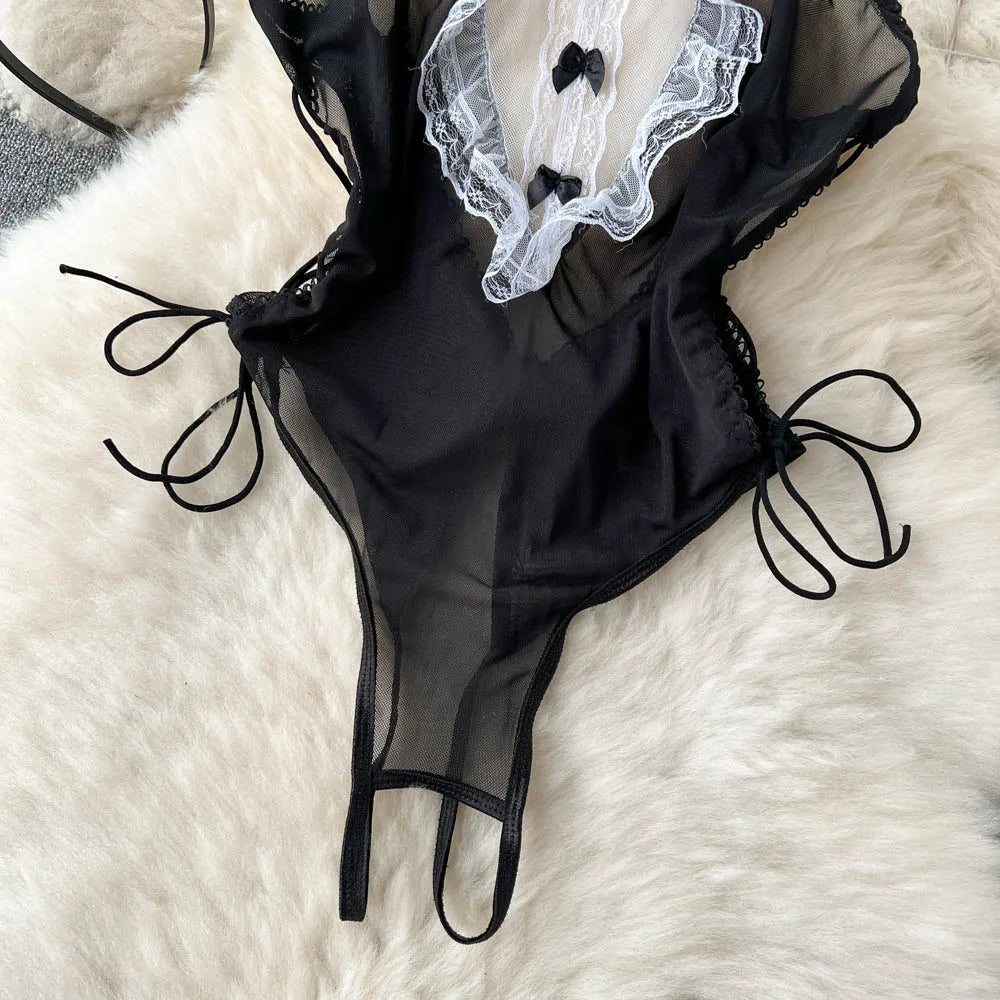 Cosplay de sirvienta de conejo, monos sexys para mujer, ropa de dormir ajustada de encaje con empalme de malla transparente, mono Sexy con entrepierna abierta 2023 Wanita