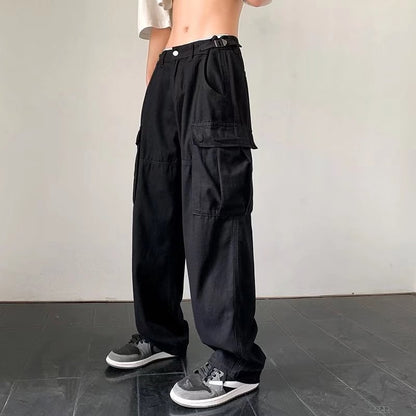 Pantalones Cargo rectos para hombre, pantalones informales con cordón de estilo japonés, pantalones sueltos para hombre, pantalones de chándal de camuflaje a la moda Harajuku