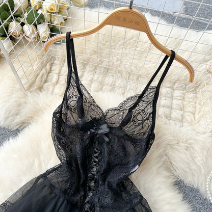 Trägerloses, sexy Nachthemd für Damen mit Schnürung, schlankes, elastisches Mesh-Nachtwäsche, modisches, transparentes Minikleid mit offenem Schritt, Wanita