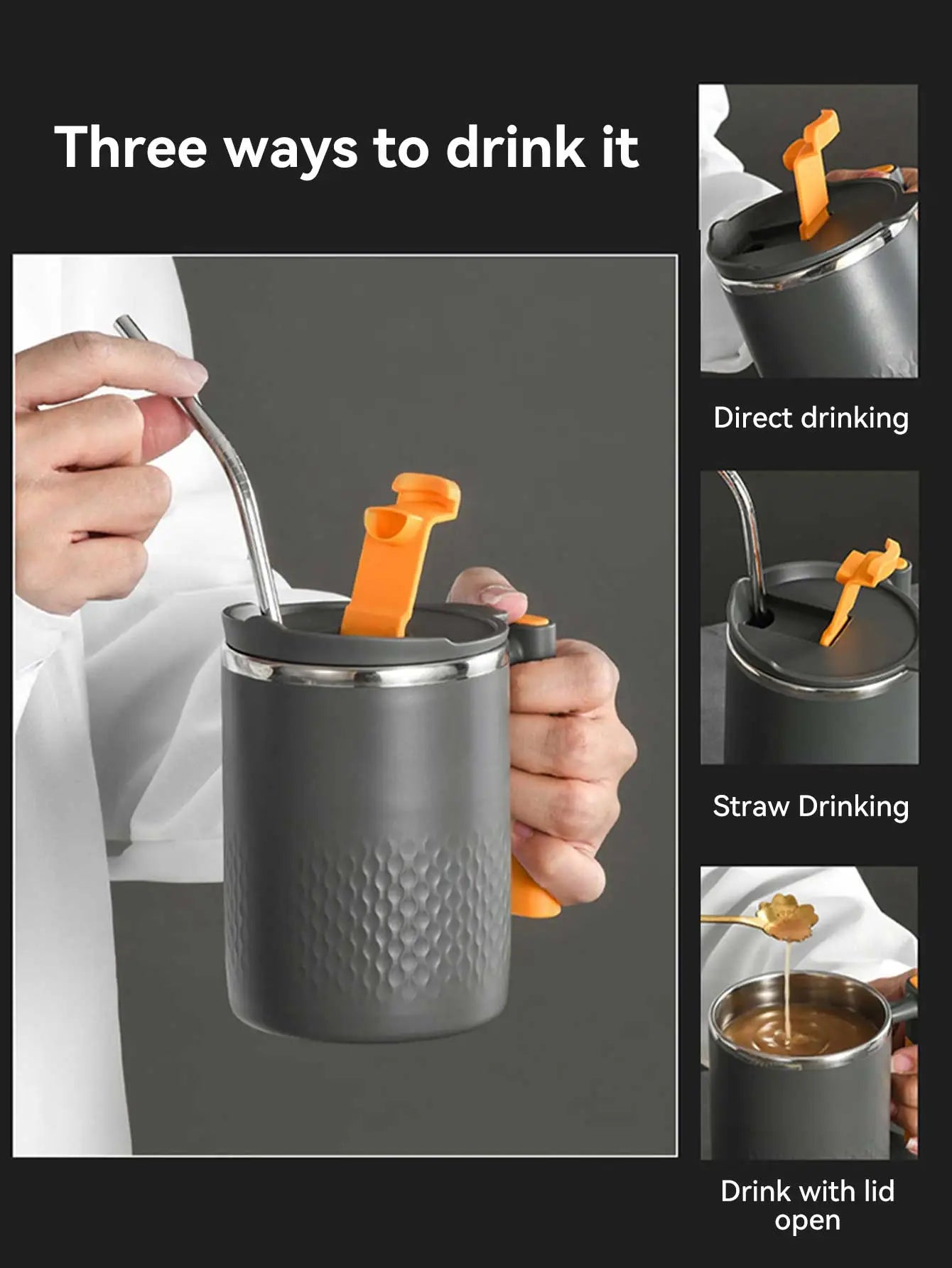 WORTHBUY 18/8 Stainless Steel Coffee Cup Mug With Lid Coffee Mug Double Wall Coffee Tumbler With Handle Heat-resistant Drinkware