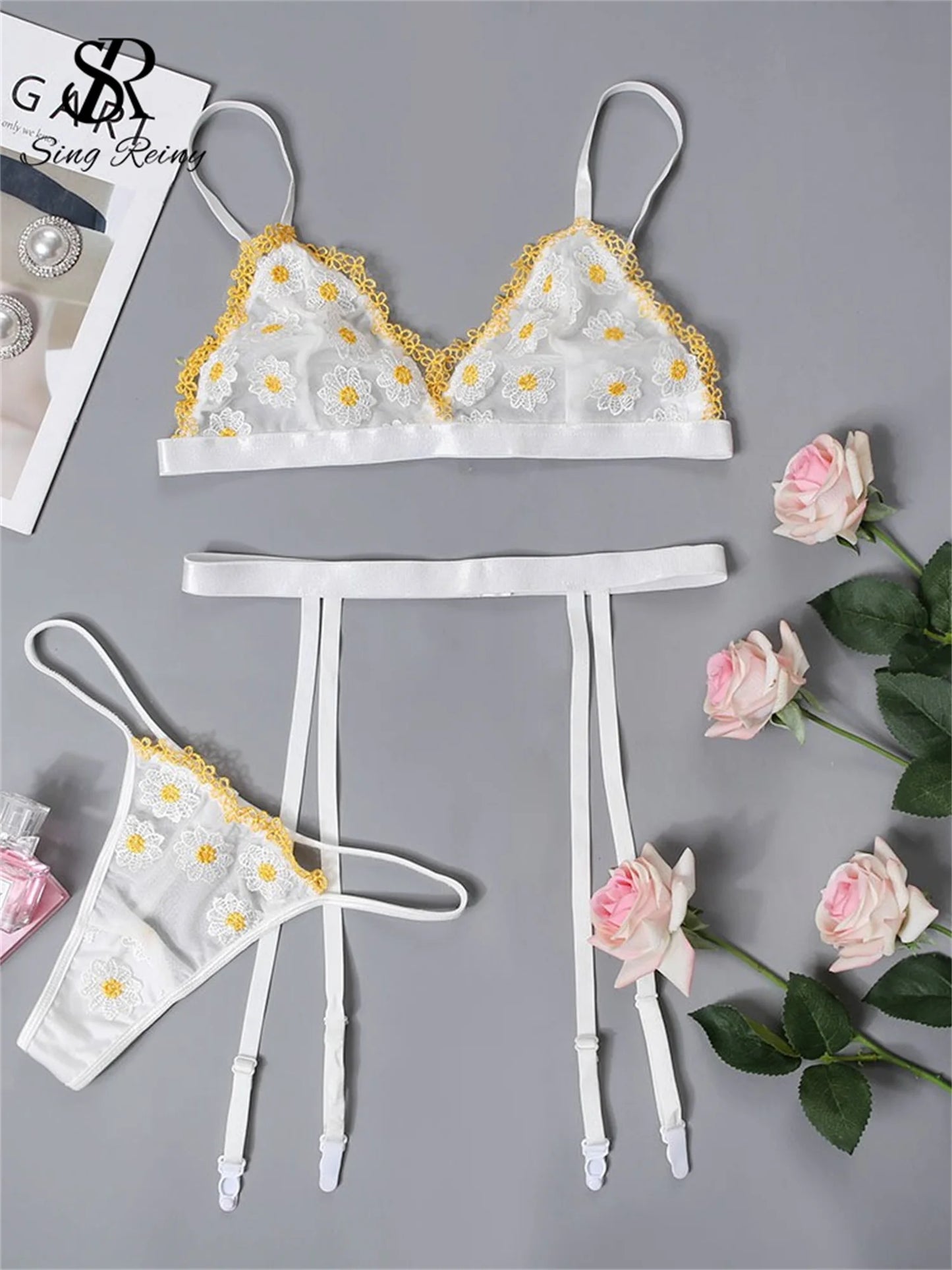 Embroidery Sensual Lace Lingerie Three Pieces Sets Little Daisy Strap Bra+Thongs 2023   Sexy Underwear Suits Wanita