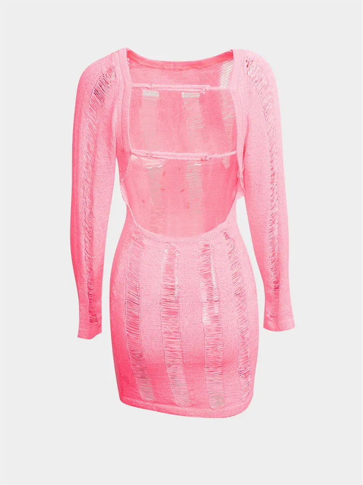 Habbris Summer Sexy Hollow Out Bodycon Bcakless Mini Dresses Club Outfit For Women 2023 Long Sleeve Pink Knit Short Dress Female