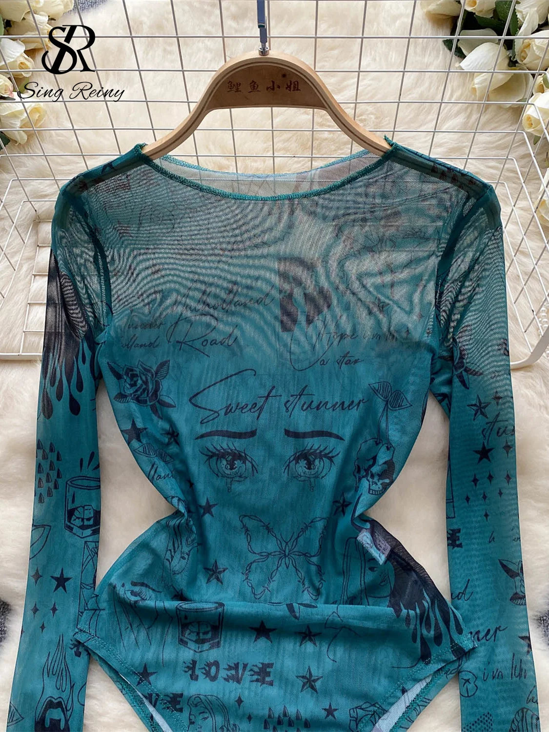 Body Sexy de malla con estampado transparente para mujer, ropa de calle ajustada de manga larga, Top Y2K, mono ajustado con entrepierna abierta para mujer 2023 Wanita