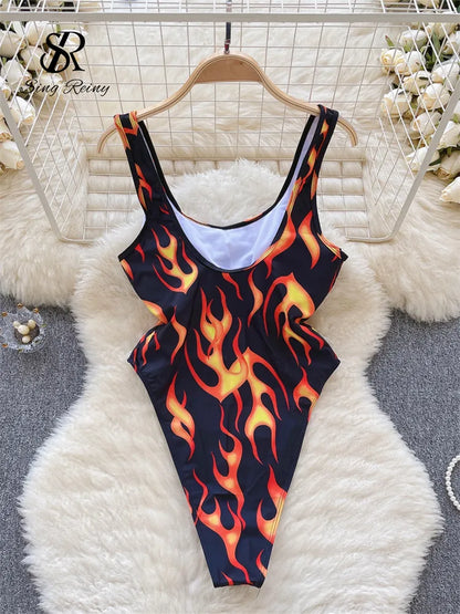 Strap Print Slim Swimsuits Ladies Backless Elastic Tank Playsuits 2023 Fashion Vintage Ins Sexy Bodysuits Wanita