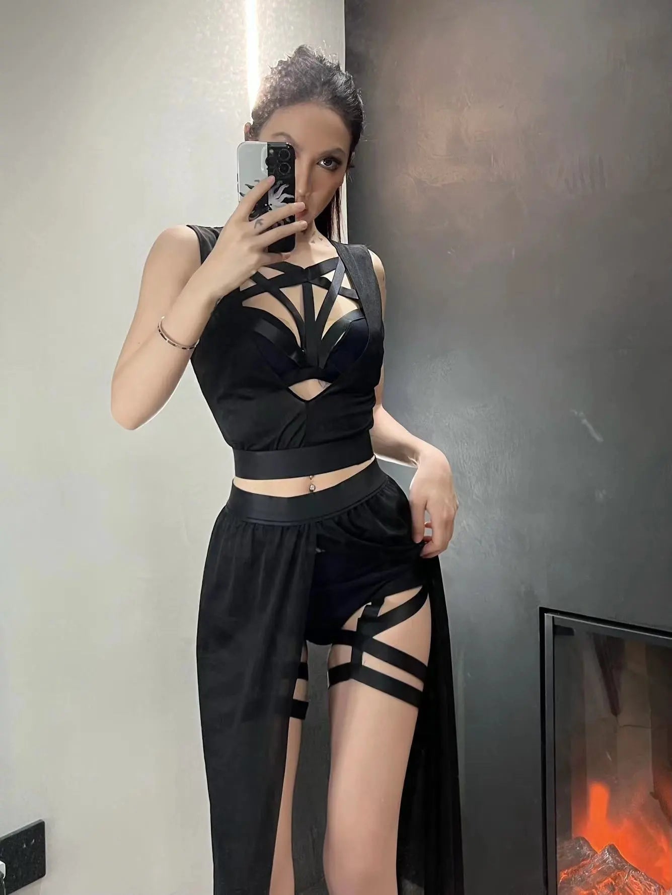 Goth Club Mesh Sexy Sommer Korsetts Rock Set Frauen Ärmellose Schwarze Crop Bh Top Unterhose Schlitz Rock 4 stücke Sets