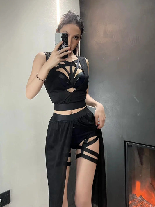 Goth Club Mesh Sexy Summer Corsets Skirt Set Women Sleeveless Black Crop Bra Top  Underpants Slit Skirt 4pcs Sets