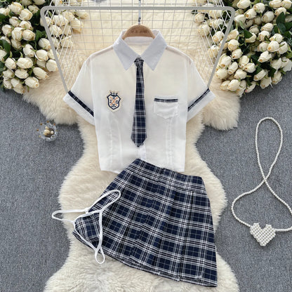 Adrette Sheer Sexy Anzüge Frauen Top + Plaid Mini Rock + Tangas Mode Koreanische Cosplay Drei Stücke Sets Wanita