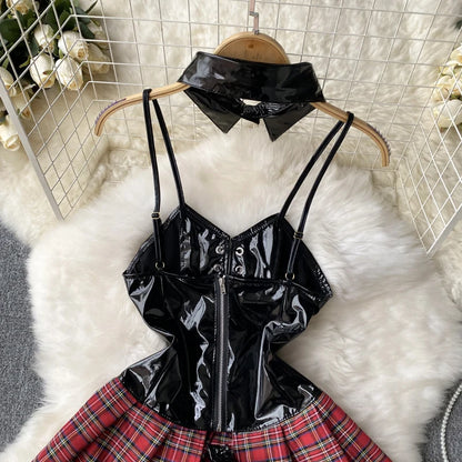 Träger PU-Leder Sexy Kleid Adrette Schnürung Rückenfrei Sinnliches Nachtkleid Kariertes Cosplay Minikleid Wanita