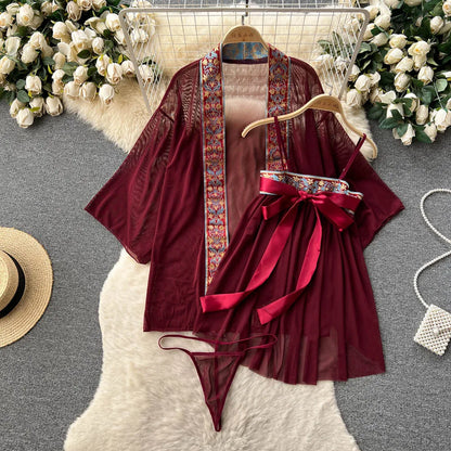 Women Sheer   Outfit Mesh Cardigans+Short Sexy Dress+Thongs Chiese Style Vintage Thin Sensual 3pcs Suits Wanita