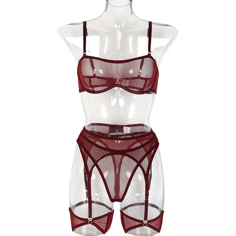 3-teiliges sexy Damen-Unterwäsche-Set, transparent, Dessous, Strumpfhalter-BH und Höschen, Spitzen-Intimtae, feines nahtloses Outfit