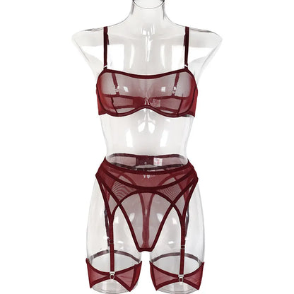 3-teiliges sexy Damen-Unterwäsche-Set, transparent, Dessous, Strumpfhalter-BH und Höschen, Spitzen-Intimtae, feines nahtloses Outfit