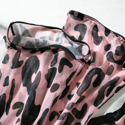 Ropa interior Sexy de leopardo para mujer, lencería abierta con kit de medias, conjuntos de Liga íntima de encaje Sensual