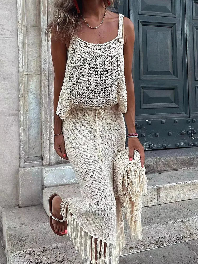 Zweiteilige Sets gestrickte Leibchenbluse Quastenröcke Frauen Sexy durchsichtig Sommer Mesh Strandkleid Anzüge aushöhlen Sling Tops