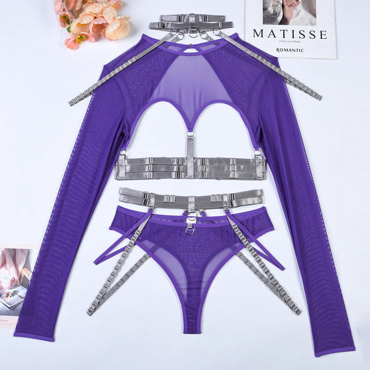 Sexy Lingerie Cut Out Top Sheer Lace Transparent  t-Shirts Gothic Sensual Accessories 4-Piece Garter Belt Outfits