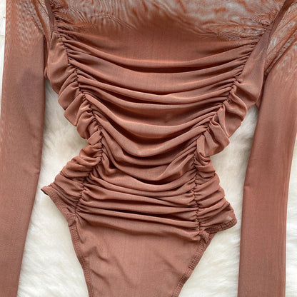 Body Sexy de malla fruncida transparente para mujer, mono ajustado de manga larga con cuello medio alto, ropa de calle 2023, mono ajustado con entrepierna abierta para mujer Wanita