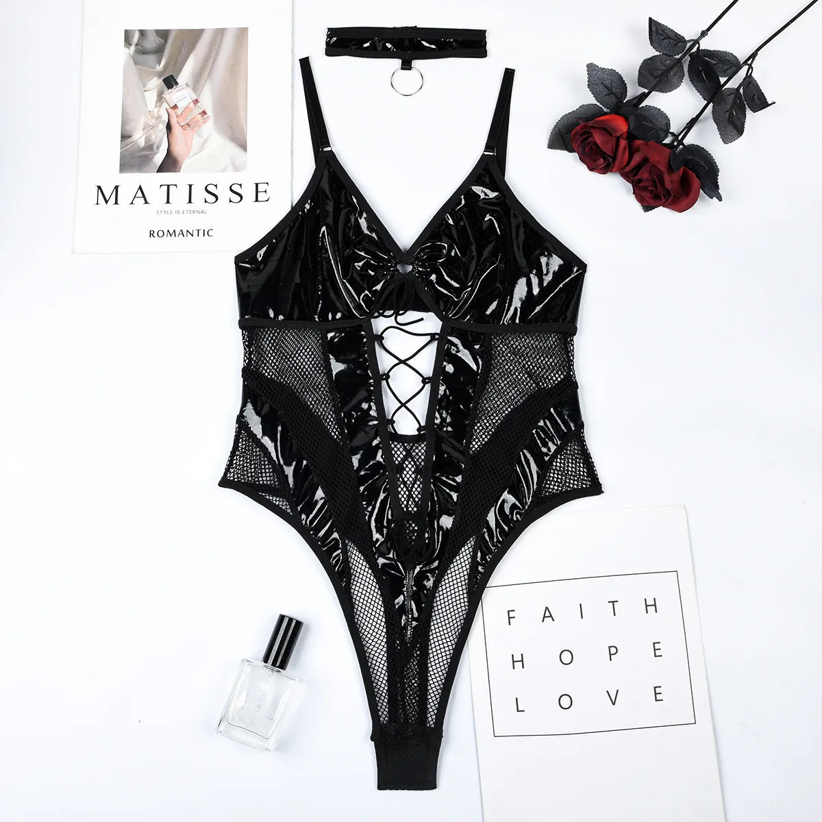 Ladies Strap Hollow Out  Bodysuits 2023 Transparent Open Crotch Slim Sexy Nightwear PU Leather  Playsuits Wanita